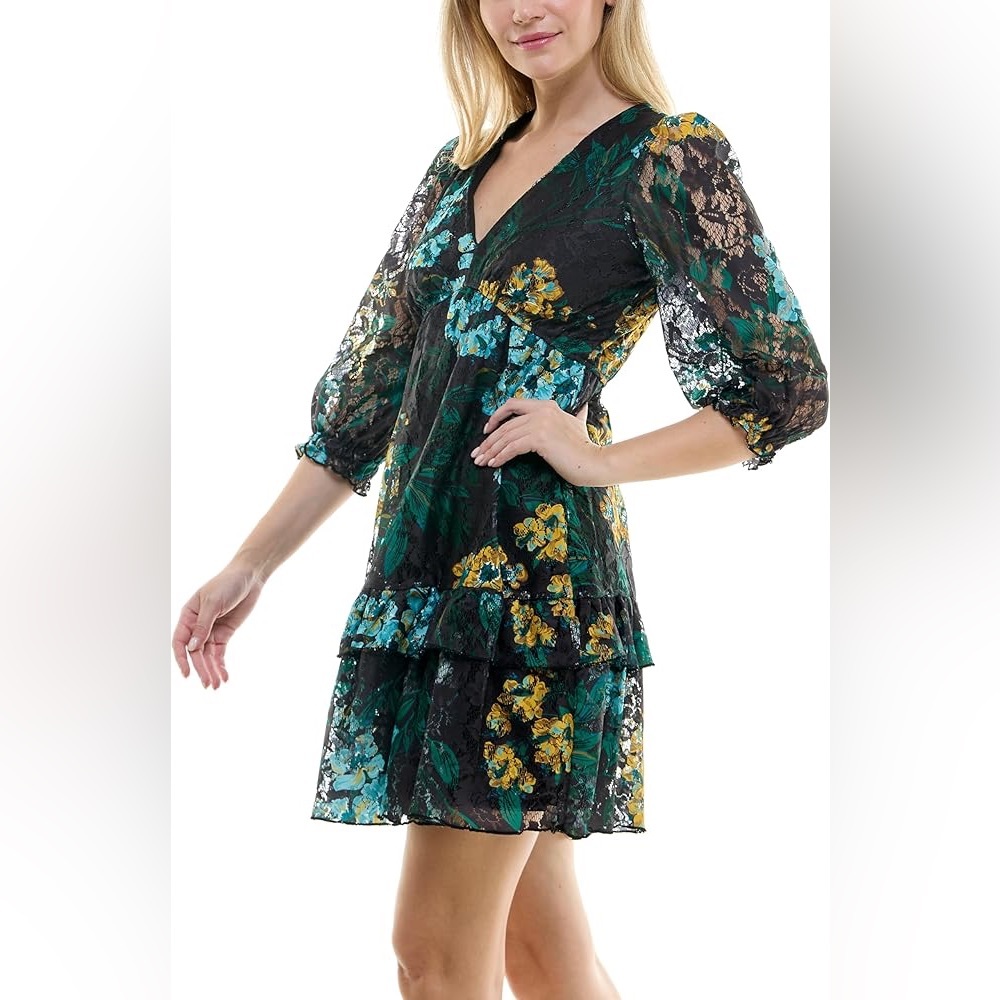 Maison Tara Women's Printed Lace Vneck Ruffle Flounce Mini dress size 22W